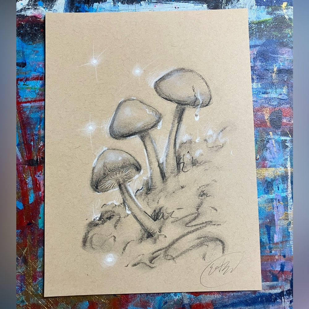 Original Mushroom painting Charcoal pastel Art Whimsical fungi Decor Artettina‎